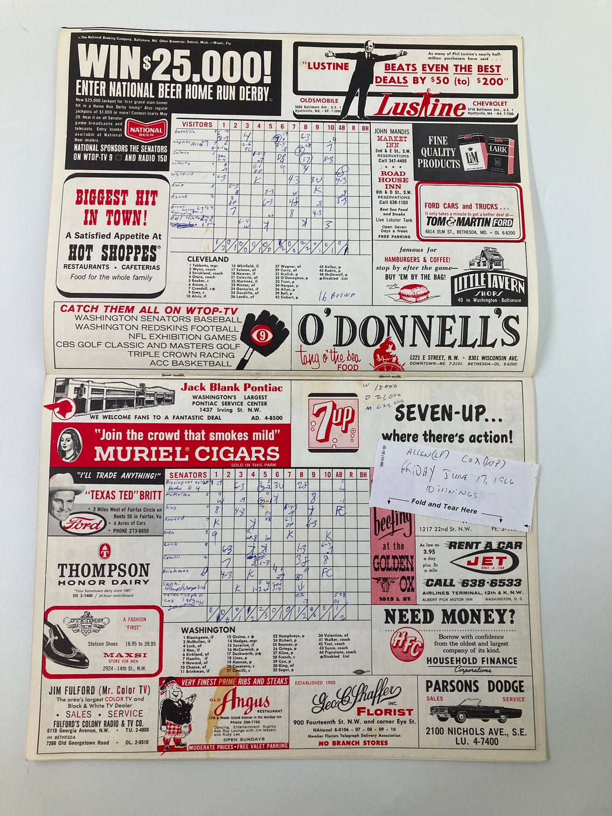 1996 Baseball The Senators American League Official Scoreboard Program - Front page featuring game schedules and advertisements.