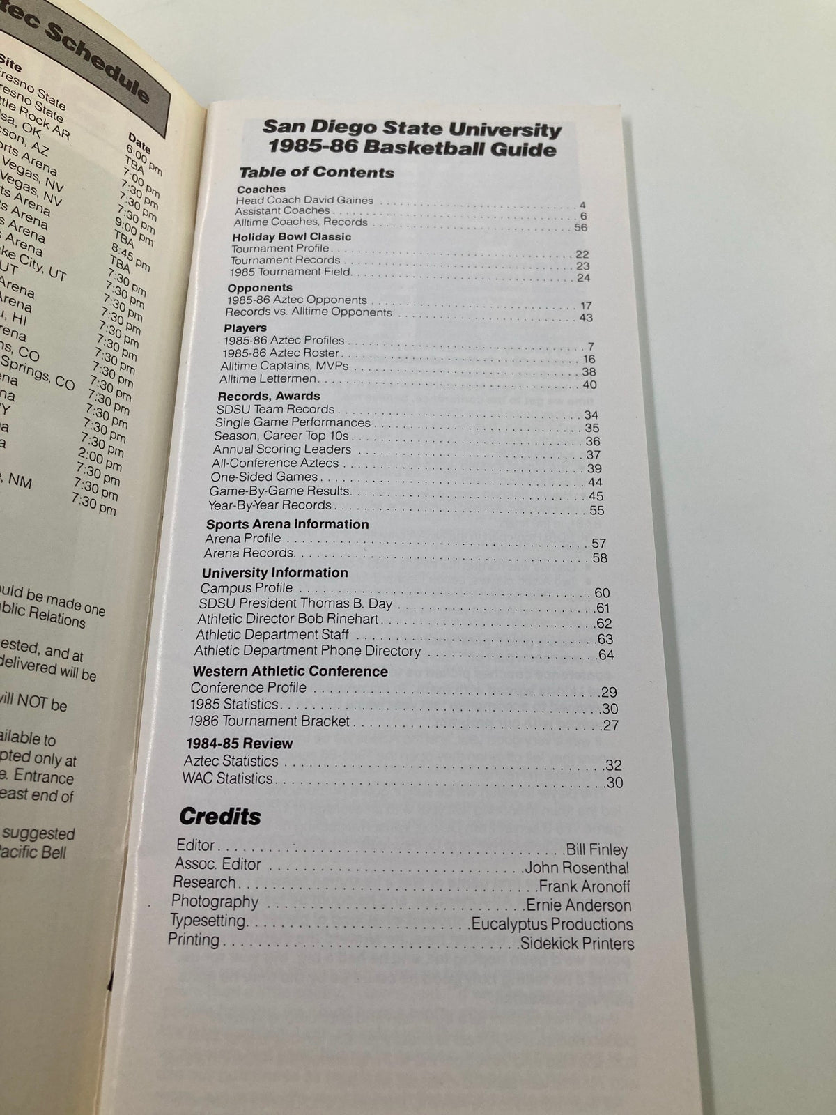 Inside page of the 1985-1986 San Diego State University Basketball Media Guide displaying the table of contents, highlighting key sections and player profiles.