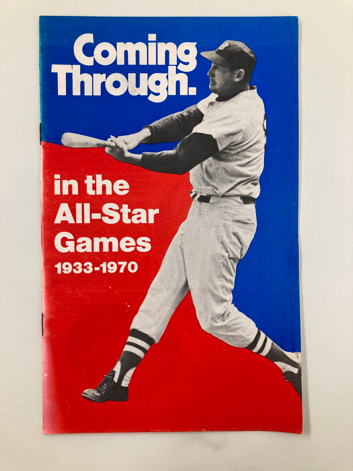 Cover of the 1933-1970 MLB Coming Through All-Star Games program featuring a player swinging a bat against a red and blue background.