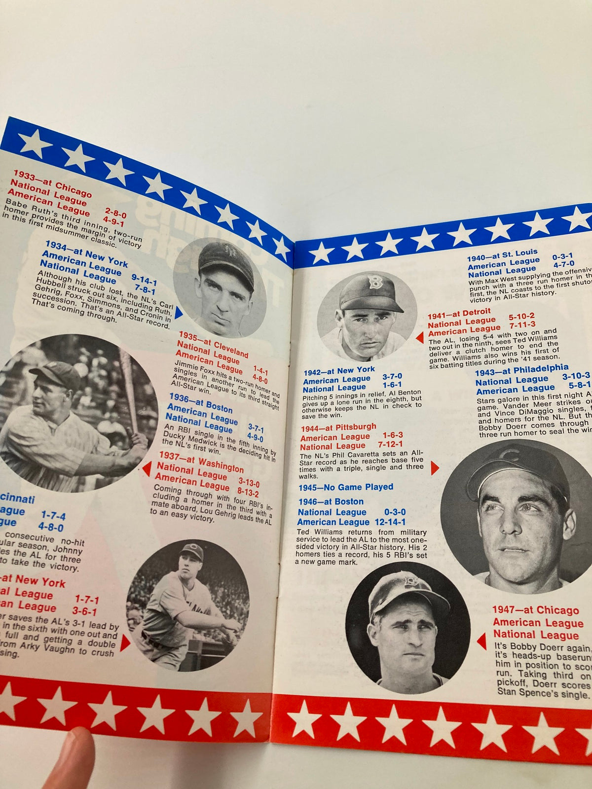 Inside pages of the 1933-1970 MLB Coming Through All-Star Games program showcasing notable All-Star game statistics and players in a historical context.