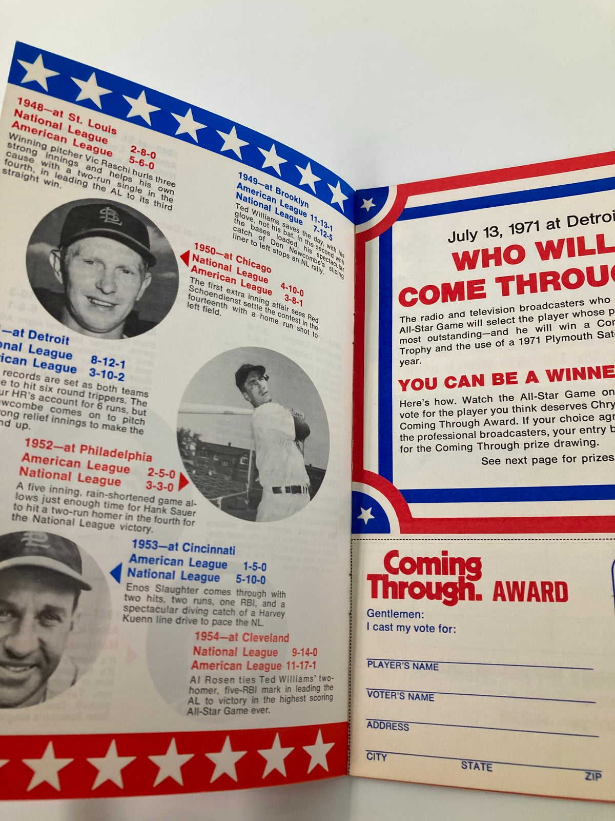 Another inside view of the 1933-1970 MLB Coming Through All-Star Games program displaying more All-Star game history and player information.