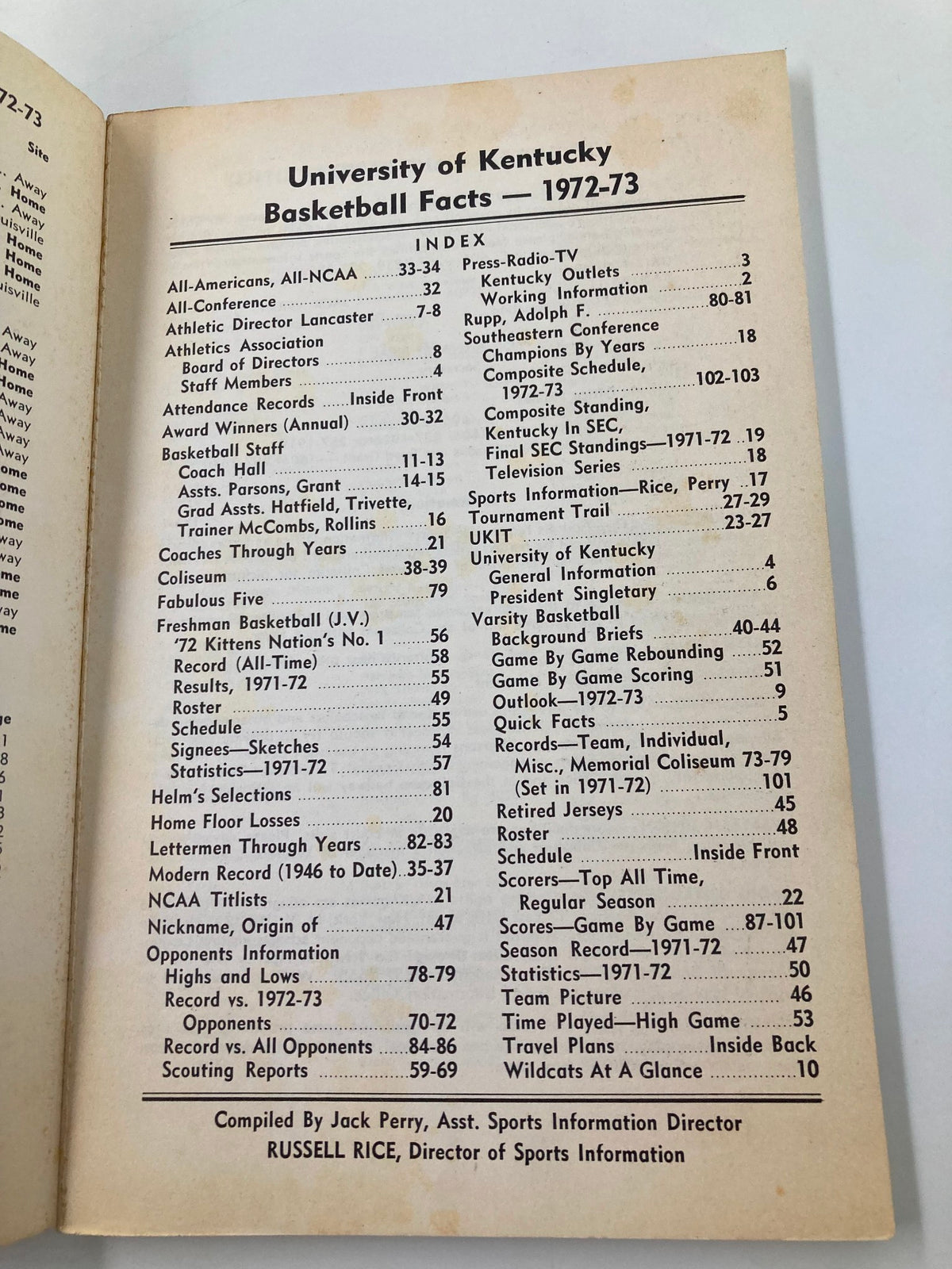 Interior page from the 1972-1973 NCAA University of Kentucky Basketball Facts program showing the index of contents.