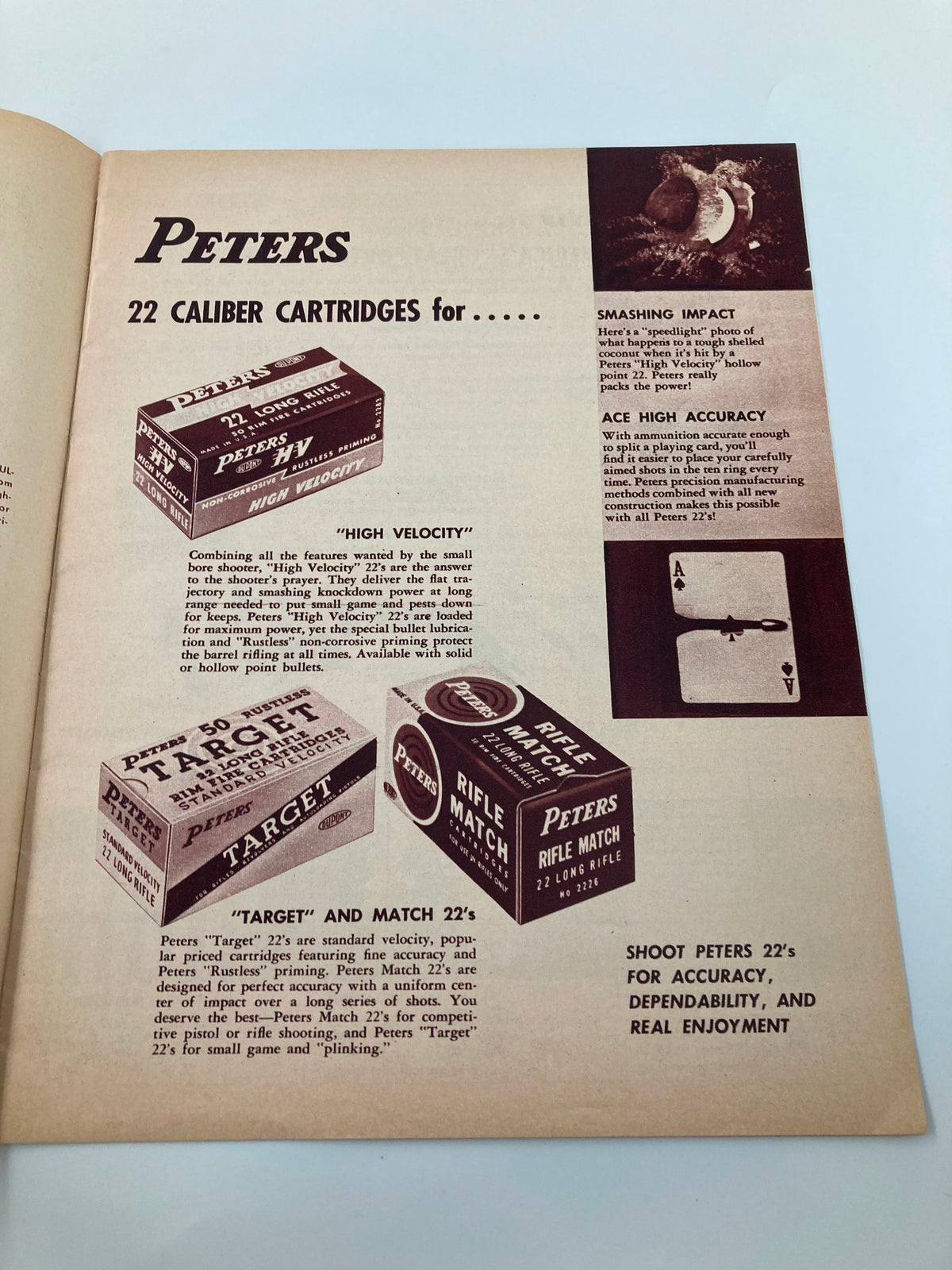 Peters Sporting Ammunition For Rifles, Pistols, Revolvers and Shotguns Guide showcasing various 22 caliber cartridges including Target and Match 22's, demonstrating features like high velocity and accuracy.