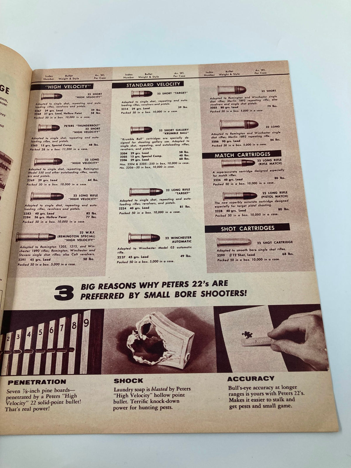 Peters Sporting Ammunition For Rifles, Pistols, Revolvers and Shotguns Guide highlighting advantages of Peters 22 cartridges, including penetration, shock, and accuracy for small bore shooters.