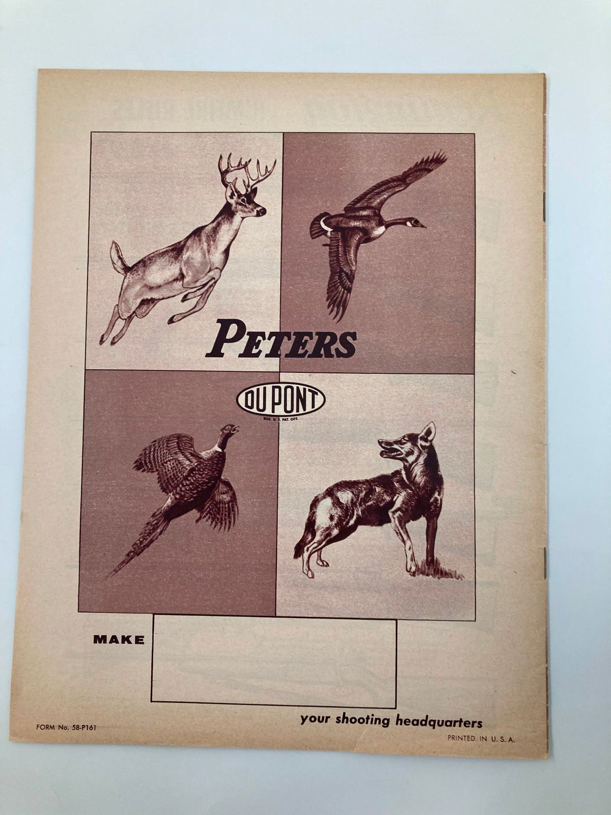 Peters Sporting Ammunition For Rifles, Pistols, Revolvers and Shotguns Guide cover, displaying the Peters logo and illustrations of wildlife including a deer, bird, and other animals.