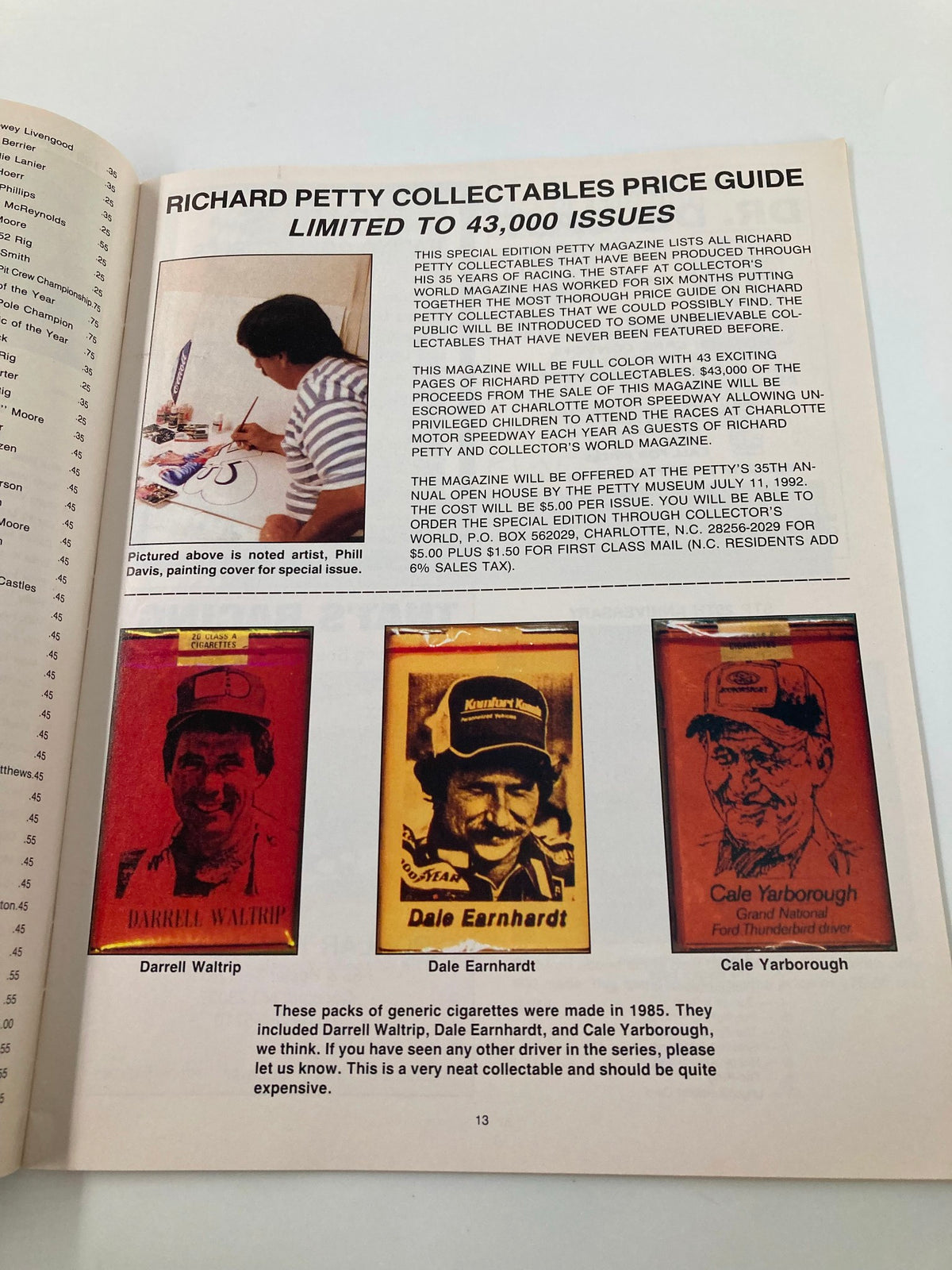 Page from Racing Magazine July 1992 Vol. 2 #3 showcasing Richard Petty Collectables price guide with images of Darrell Waltrip, Dale Earnhardt, and Cale Yarborough memorabilia.