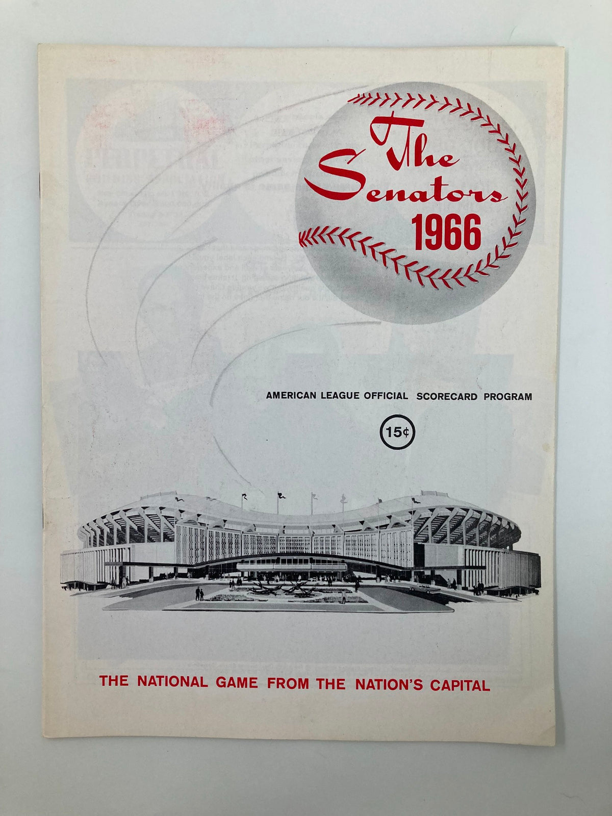 The Senators 1966 Baseball American League Official Scoreboard Program cover featuring a sleek design and the iconic stadium illustration.