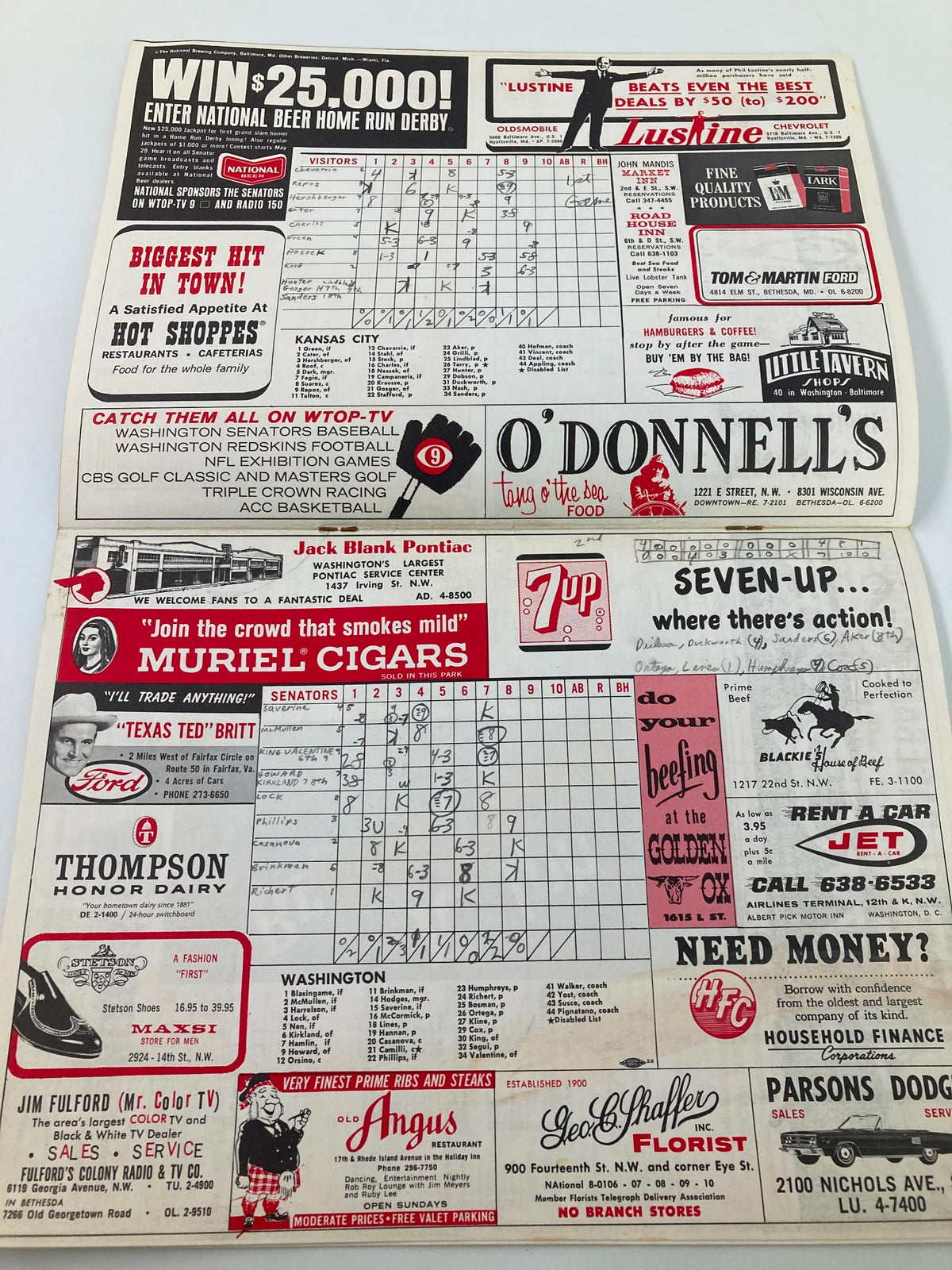 Score sheet and advertisements from The Senators 1966 Baseball American League Official Scoreboard Program, highlighting game statistics and local business promotions.
