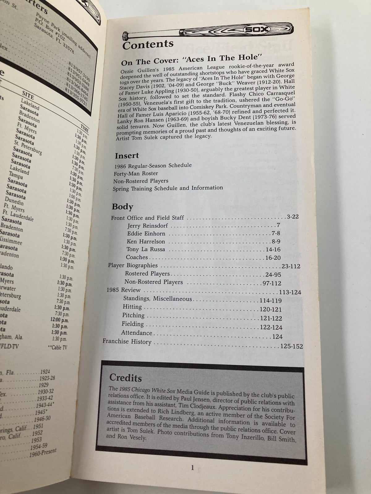 Interior page of the 1986 MLB Chicago White Sox Media Guide titled 'Aces In The Hole' showing the table of contents with sections on players and team schedule.