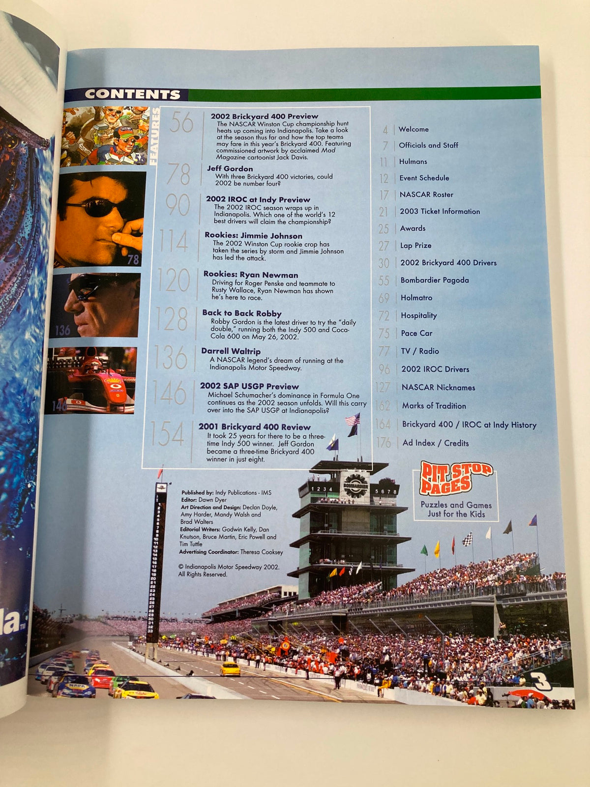 August 4 2002 NASCAR Brick Yard 400 Starting Field Official Program image displaying table of contents featuring key sections, including race previews, profiles, and historical insights related to NASCAR events.