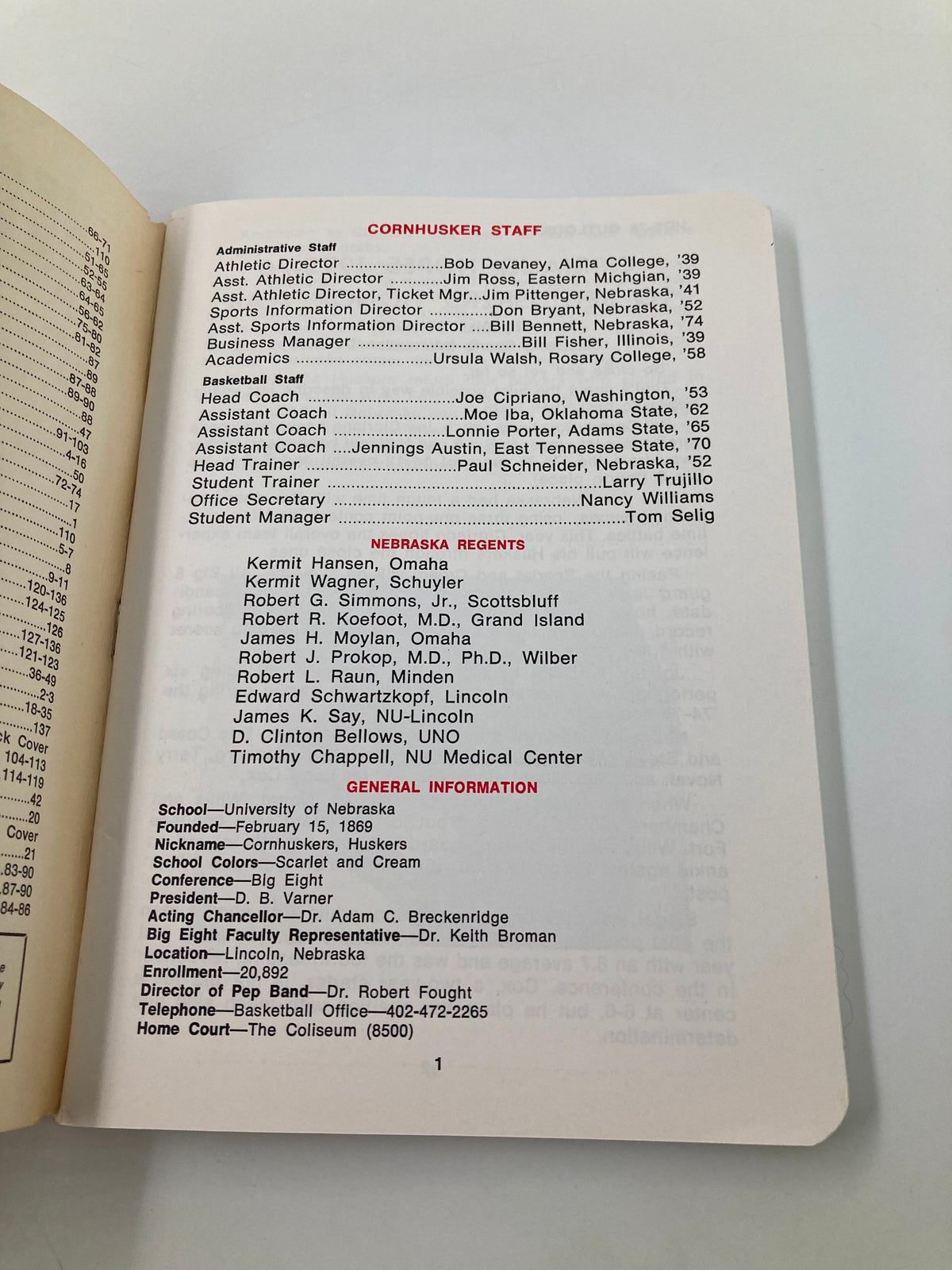 Page from the 1975-1976 NCAA Nebraska Cornhuskers Basketball Media Guide featuring the Cornhusker staff and administrative details.