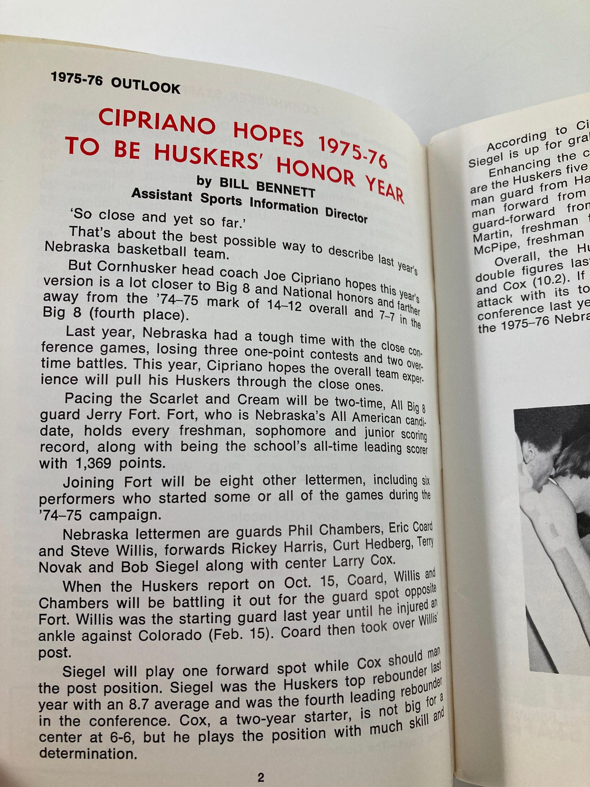 Article titled 'Cipriano Hopes 1975-76 to be Huskers' Honor Year' from the 1975-1976 NCAA Nebraska Cornhuskers Basketball Media Guide discussing team outlook and coach insights.