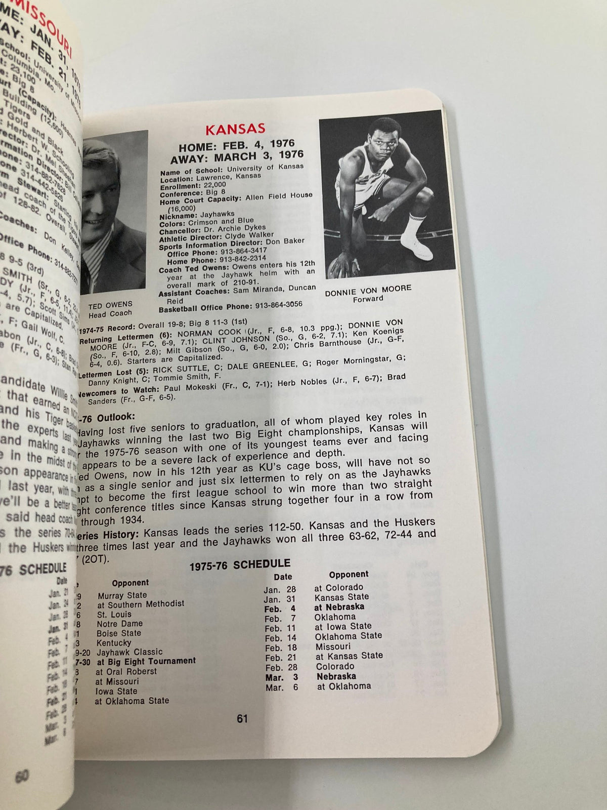 Schedule and player information for the Kansas game from the 1975-1976 NCAA Nebraska Cornhuskers Basketball Media Guide, detailing dates and player roles.