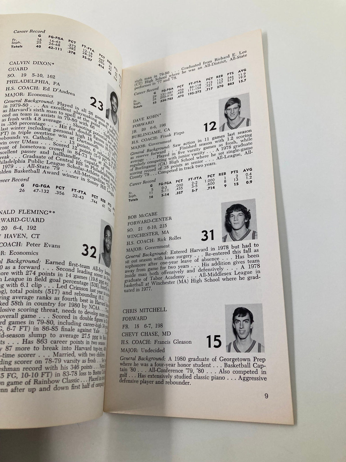 Inside page of the 1980-1981 NCAA Harvard Crimson Basketball Official Media Guide with player statistics and brief bios.