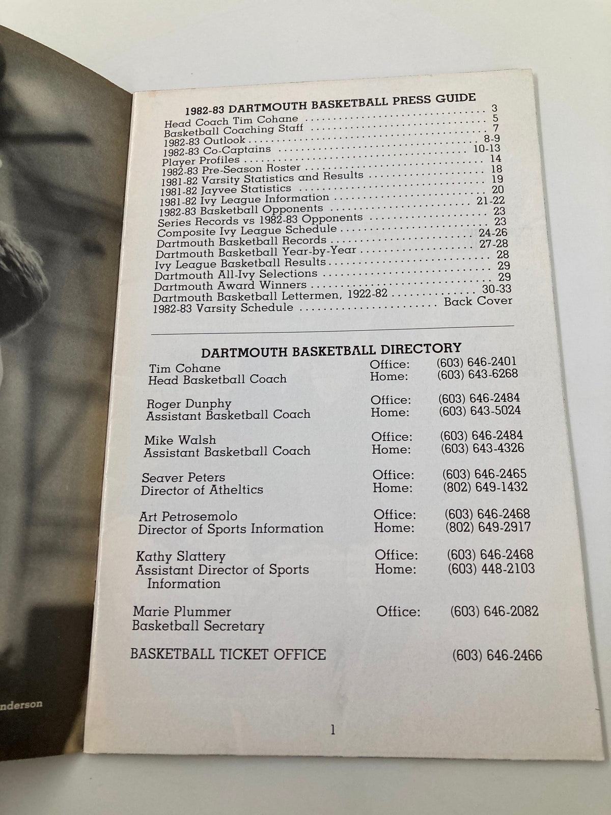1982-1983 NCAA Dartmouth Big Green Basketball Official Press Guide interior page showing the basketball directory and coaching staff details.