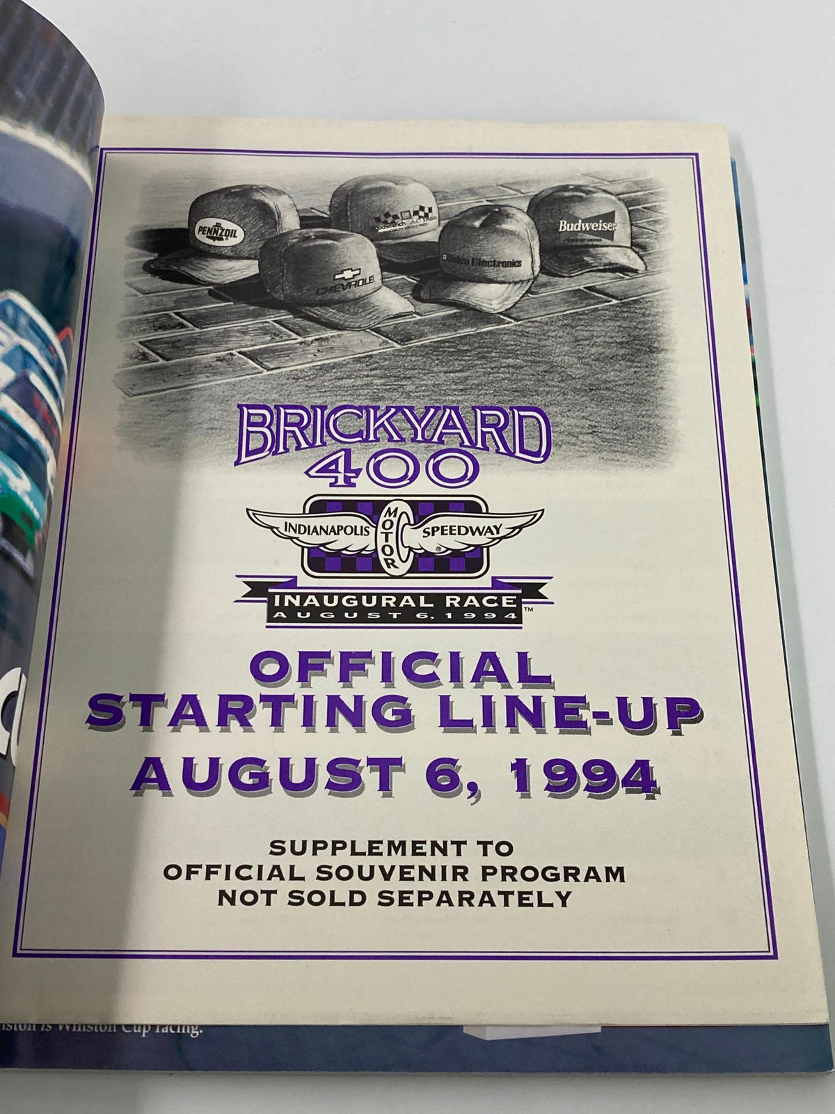 Interior page of the August 6 1994 Brickyard 400 Indianapolis Motor Speedway Official Program displaying the official starting line-up for the race.