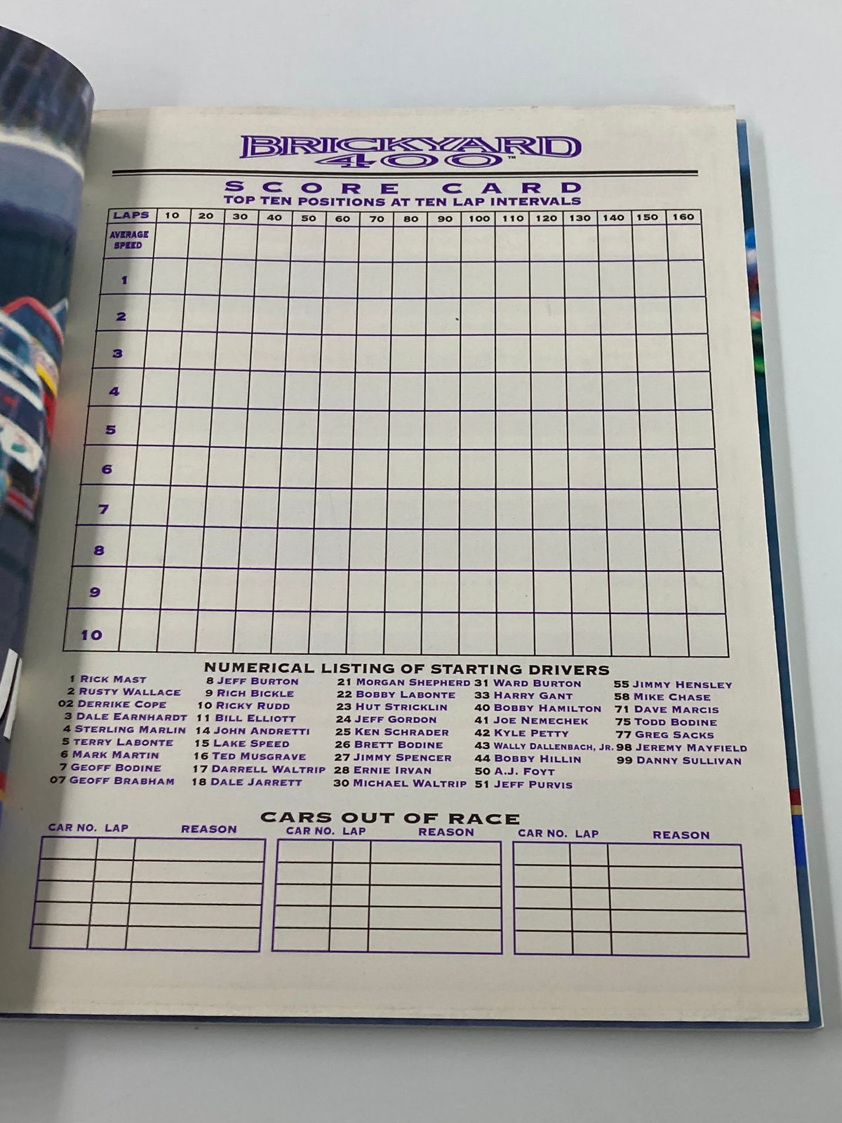Scorecard from the August 6 1994 Brickyard 400 Indianapolis Motor Speedway Official Program with a grid for recording race lap details and positions.