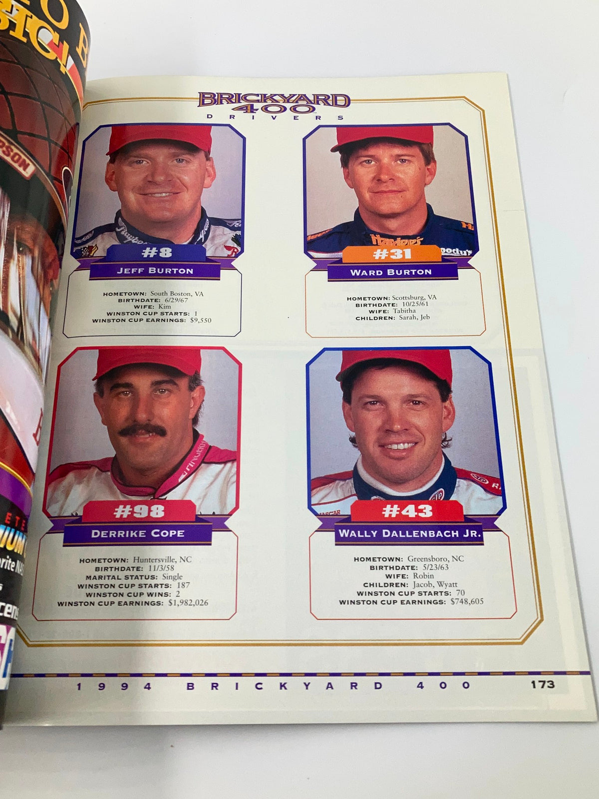 August 6 1994 Brickyard 400 Indianapolis Motor Speedway Official Program featuring driver profiles of Jeff Burton, Ward Burton, Derrike Cope, and Wally Dallenbach Jr.