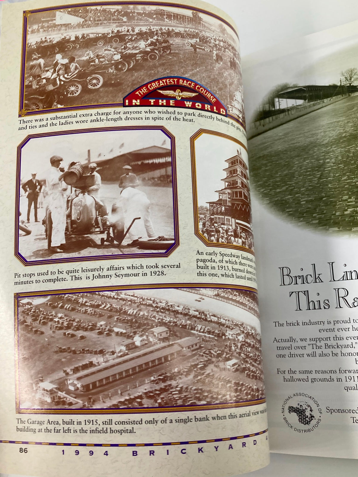 August 6 1994 Brickyard 400 Indianapolis Motor Speedway Official Program showing historical images of racing events and the garage area from the early 1900s.