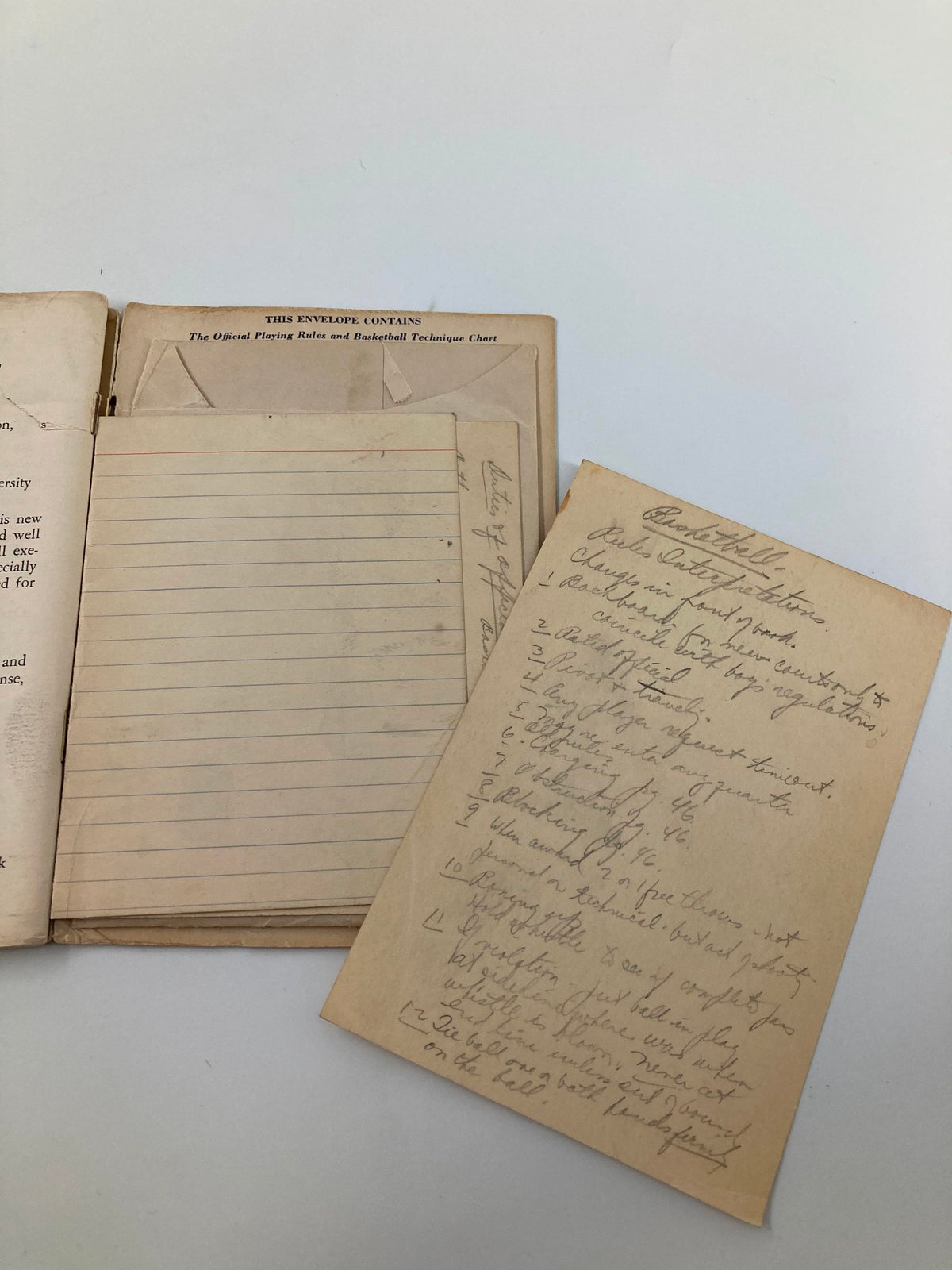 Handwritten notes found within the 1940-1941 Official Basketball Guide for Women and Girls, showcasing personal annotations on the pages.