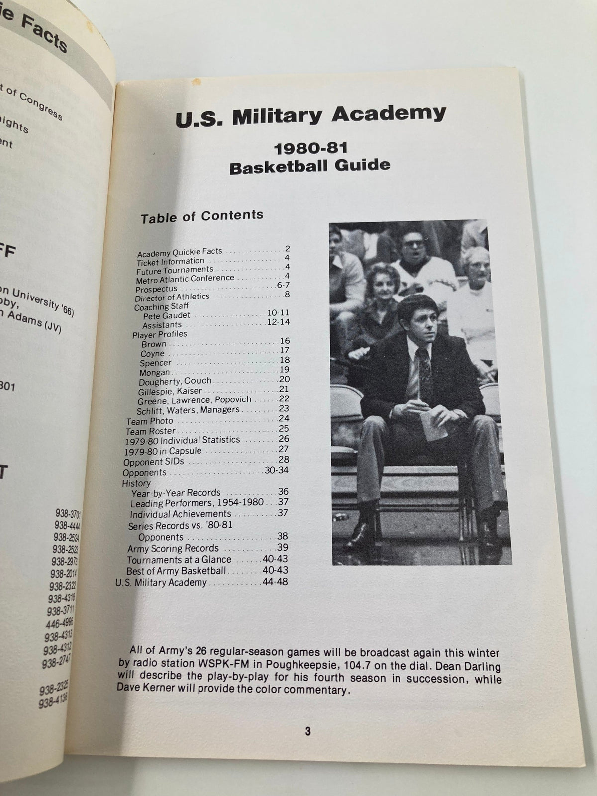 Interior page of the 1980-1981 NCAA U.S. Military Academy Army Basketball Guide displaying the table of contents and a photo of a coach seated on the sidelines.