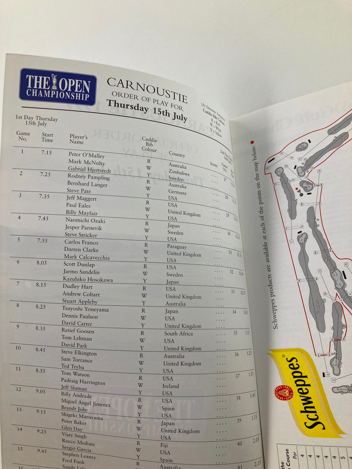 Inside page of the July 15 1999 Carnoustie Order of the Play The Open Championship Golf showing the schedule and players for the tournament.