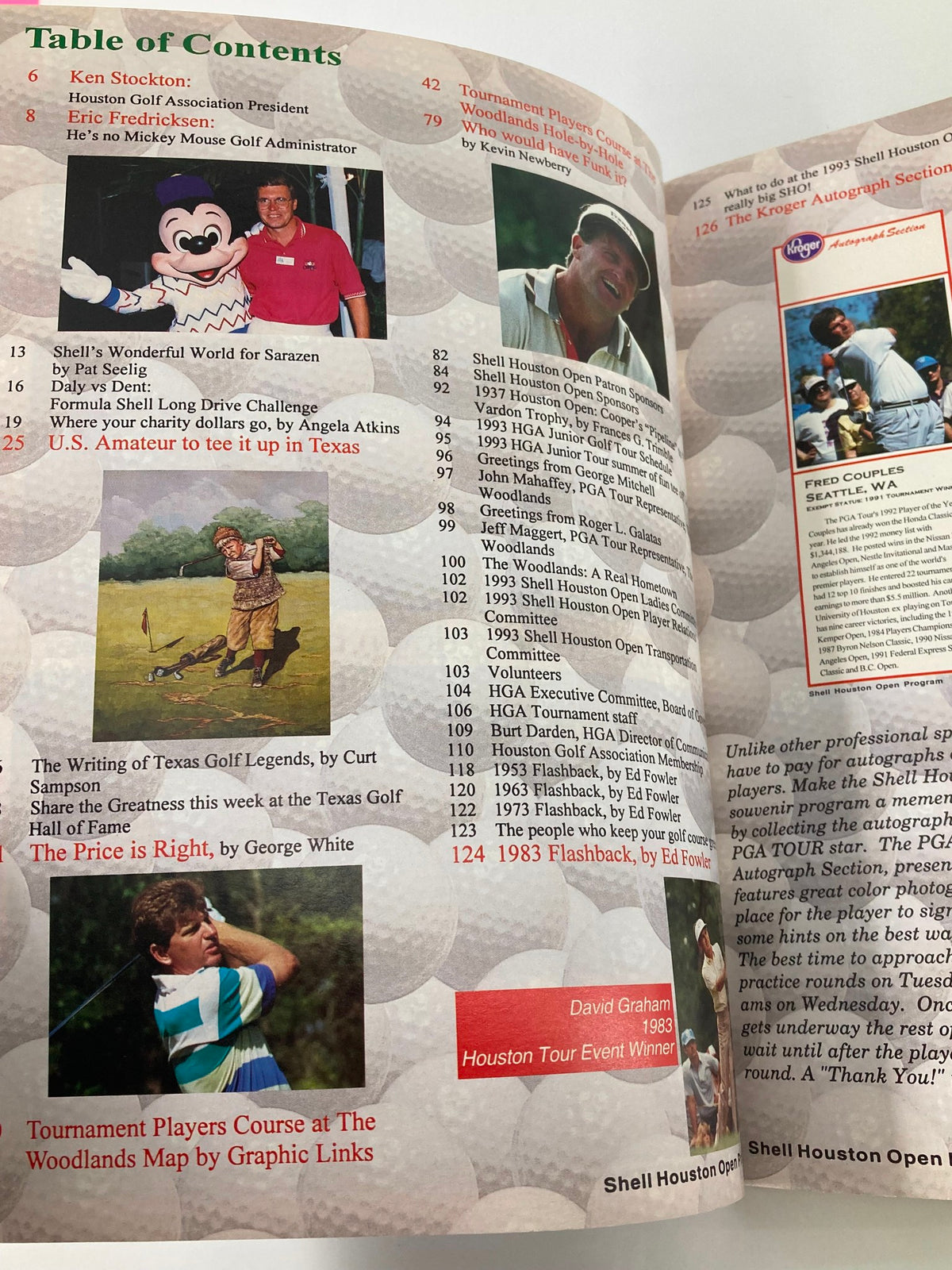 Inside page of the April 26 1993 Shell Houston Golf Association Open Program displaying the table of contents, including notable features and events.