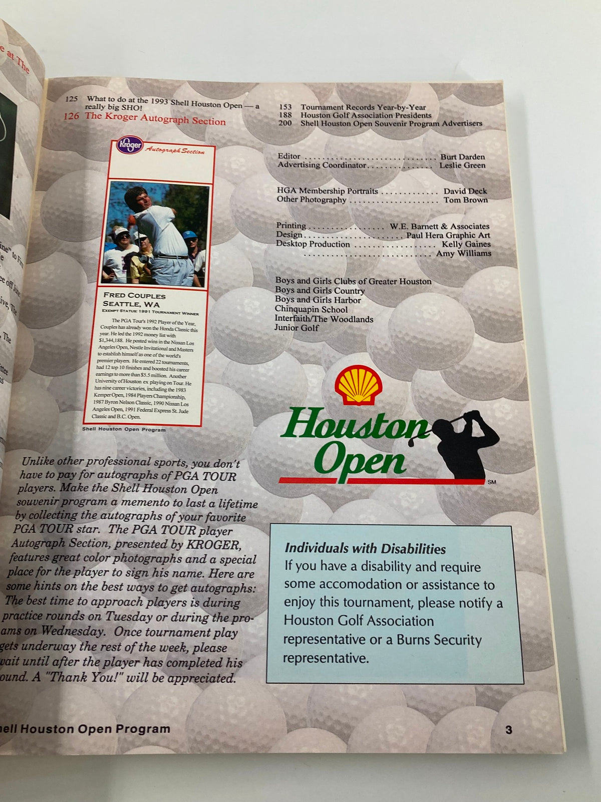 Interior page from the April 26 1993 Shell Houston Golf Association Open Program, featuring a section on autograph opportunities with notable golf names, including Fred Couples.