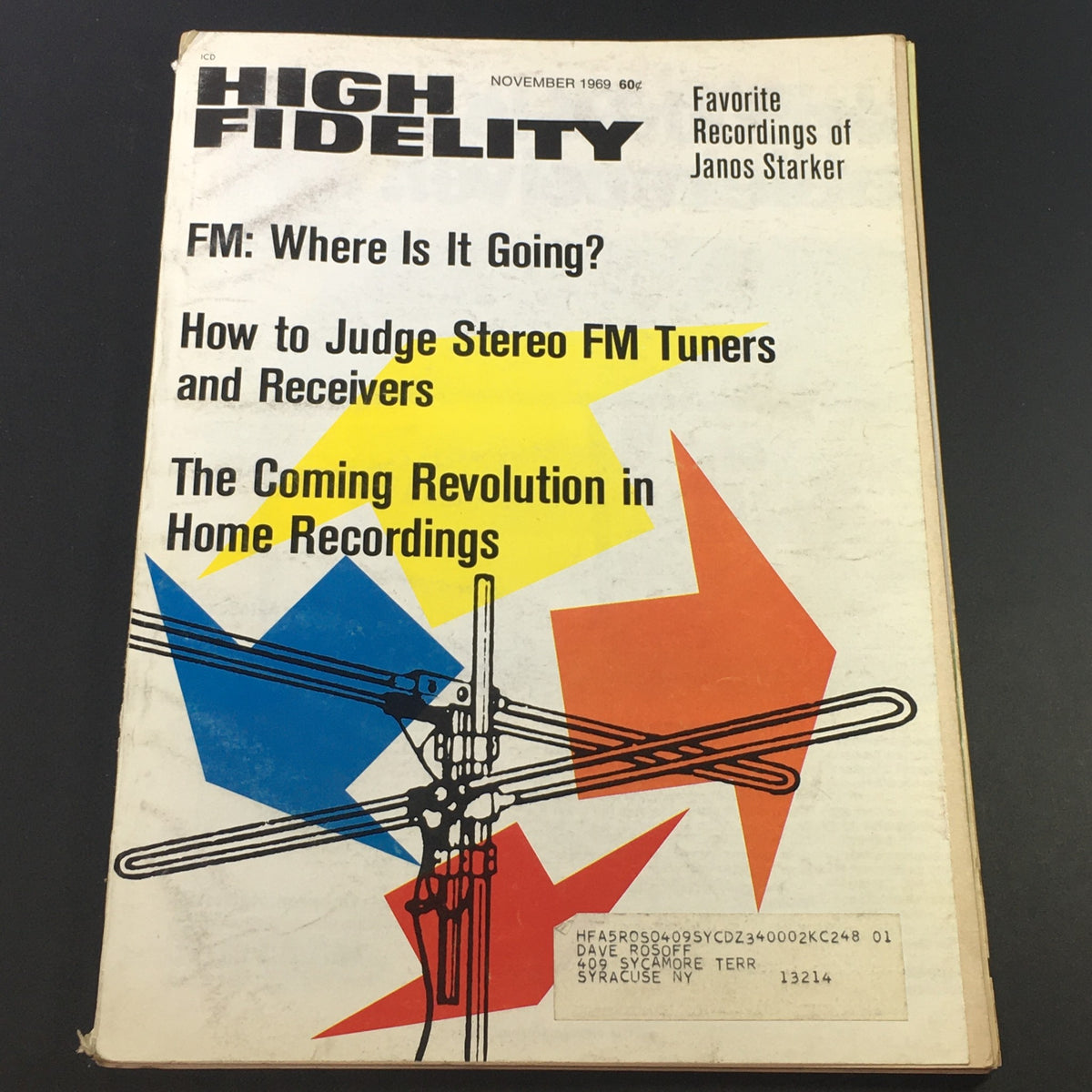 Cover of VTG High Fidelity Music Magazine from November 1969 featuring an artistic design with bold colors and text. It highlights articles such as 'FM: Where Is It Going?' and 'Favorite Recordings of Janos Starker'. A vintage piece for collectors and music enthusiasts.