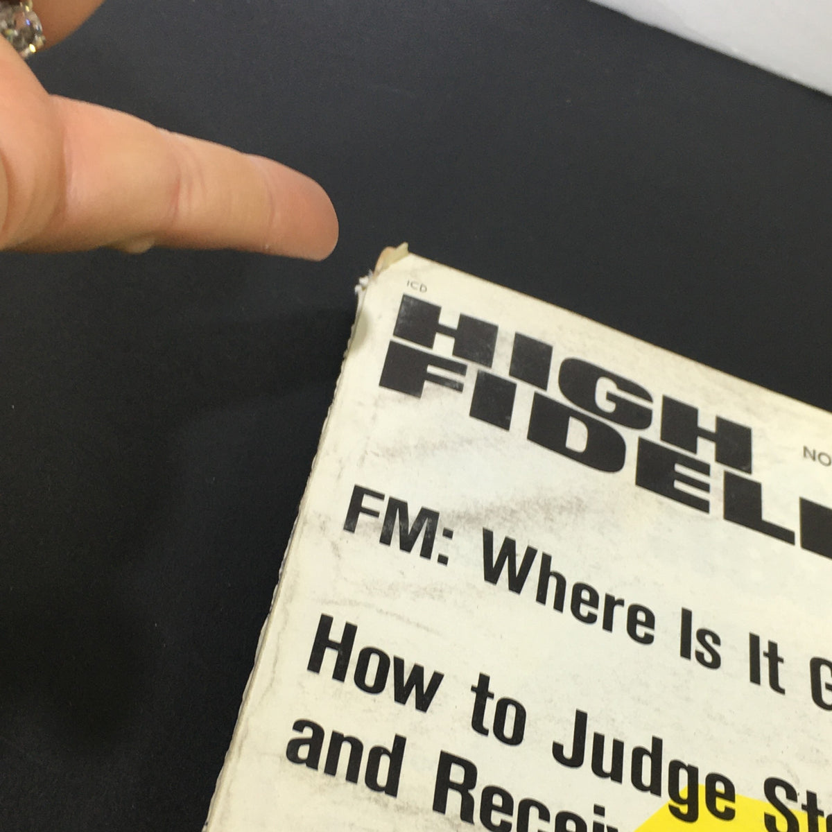 Detailed view of the top corner of the VTG High Fidelity Music Magazine cover from November 1969. The image shows the iconic magazine title and features discussions on FM tuners and home recordings.