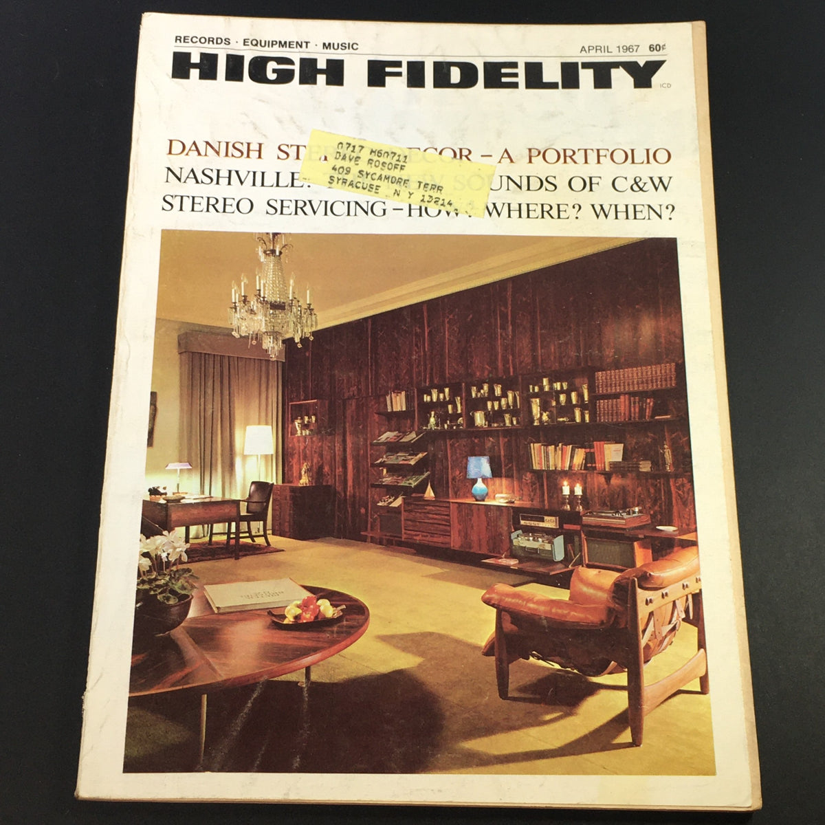 Cover of VTG High Fidelity Music Magazine April 1967 featuring Danish stereo decor, showcasing a stylish living room with elegant furniture and decor elements.