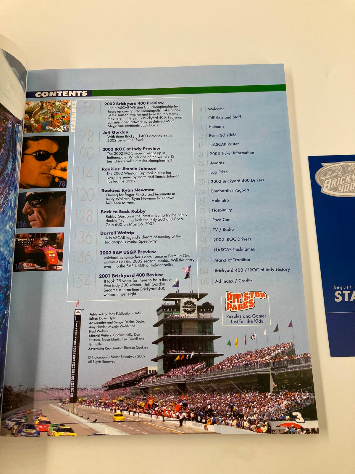 Table of contents page from the August 4 2002 NASCAR Brickyard 400 Starting Field Official Program with details about event previews and driver information.