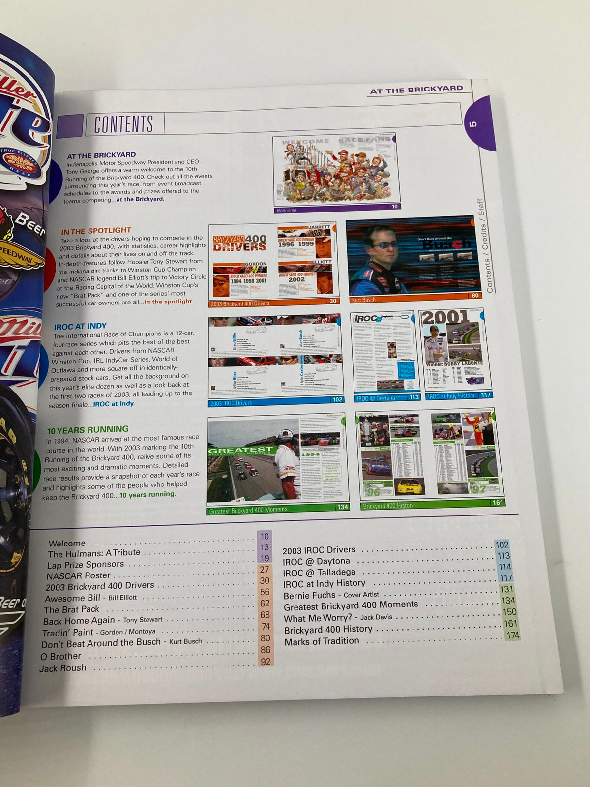 Contents page of the August 3 2003 NASCAR 10 Years Running Brickyard 400 Official Program with listings and highlights.