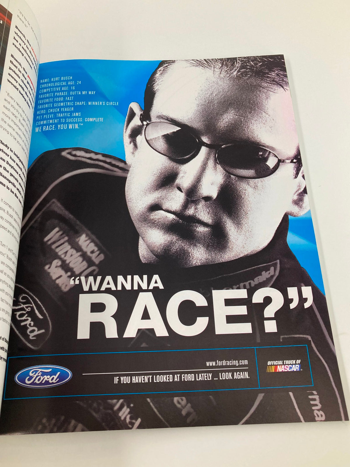 Advertisement page from the August 3 2003 NASCAR 10 Years Running Brickyard 400 Official Program featuring a racing driver.