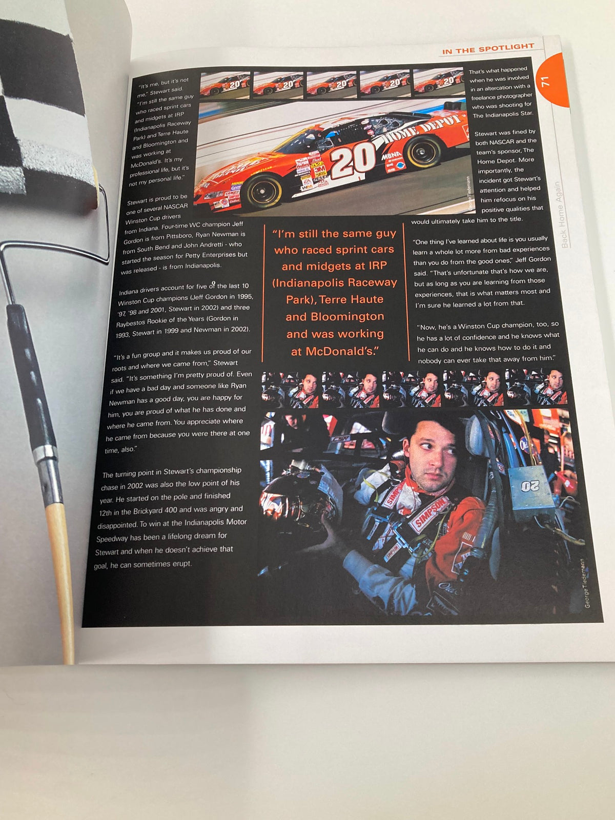 Spotlight page from the August 3 2003 NASCAR 10 Years Running Brickyard 400 Official Program showcasing a racing car and driver.