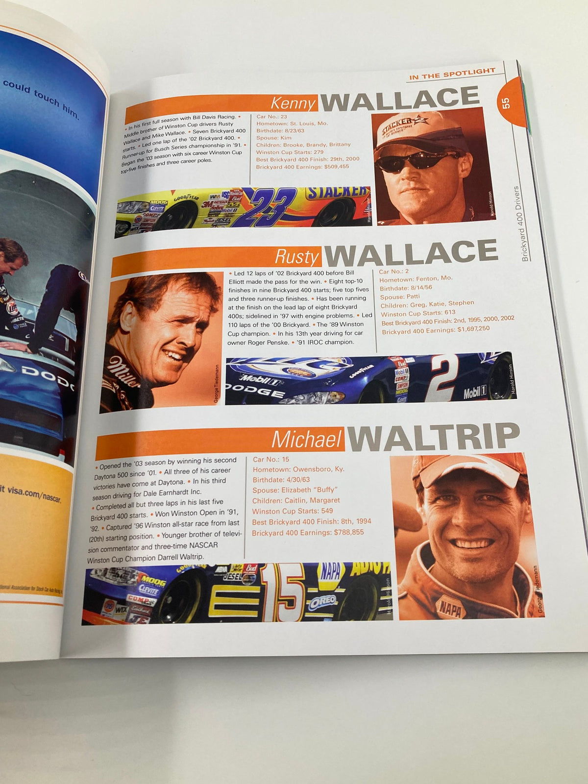 August 3 2003 NASCAR 10 Years Running Brickyard 400 Official Program featuring profiles of drivers Kenny Wallace, Rusty Wallace, and Michael Waltrip, highlighting their racing achievements.