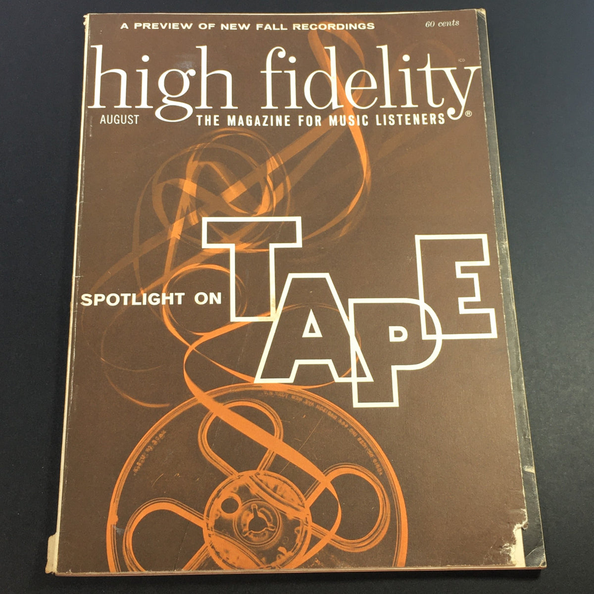 Cover of VTG High Fidelity Music Magazine from August 1963, featuring a spotlight on tape with vintage audio elements, suitable for music enthusiasts and collectors.