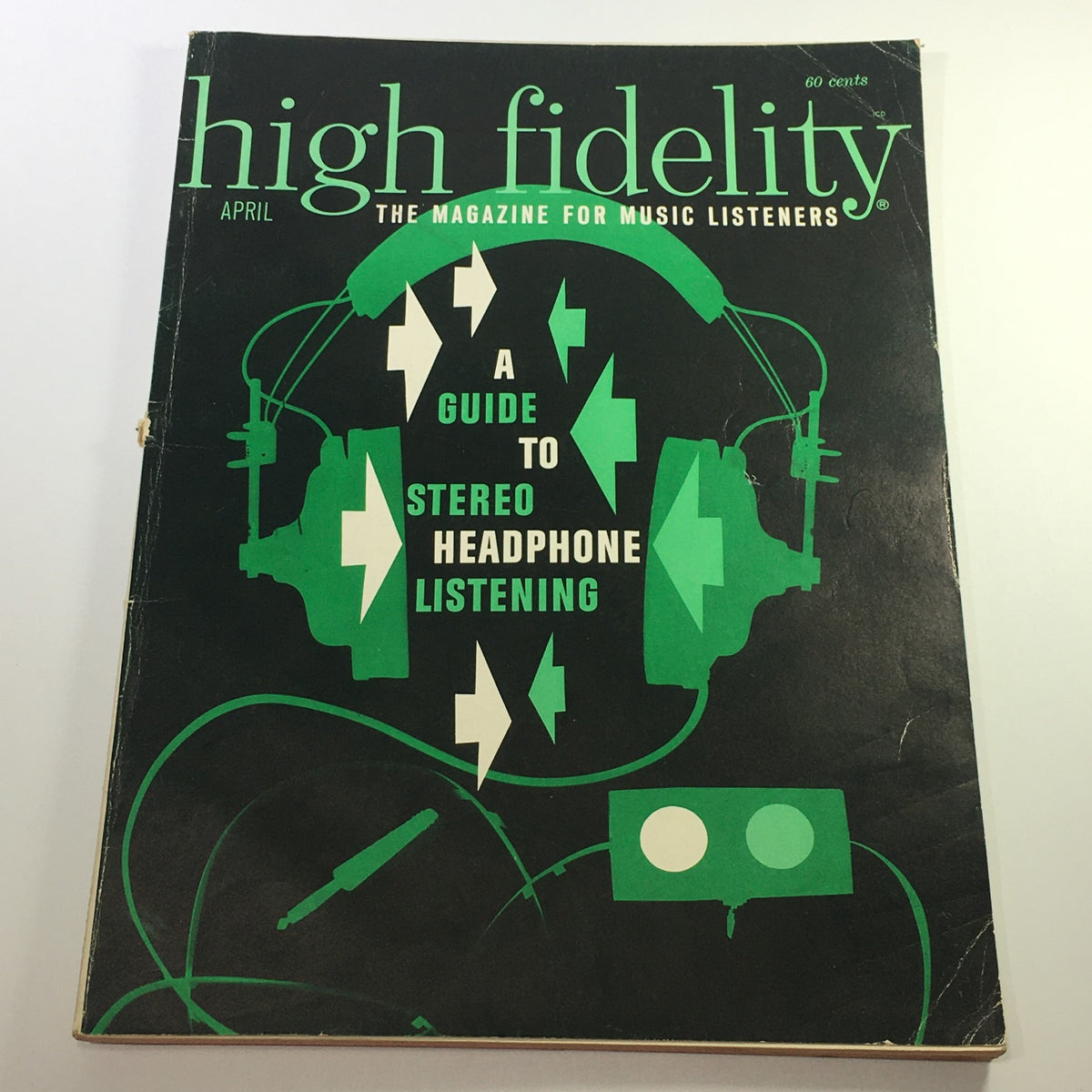 Cover of VTG High Fidelity Music Magazine from April 1964 featuring 'A Guide to Stereo Headphone Listening' with a striking graphic design and headphone imagery.
