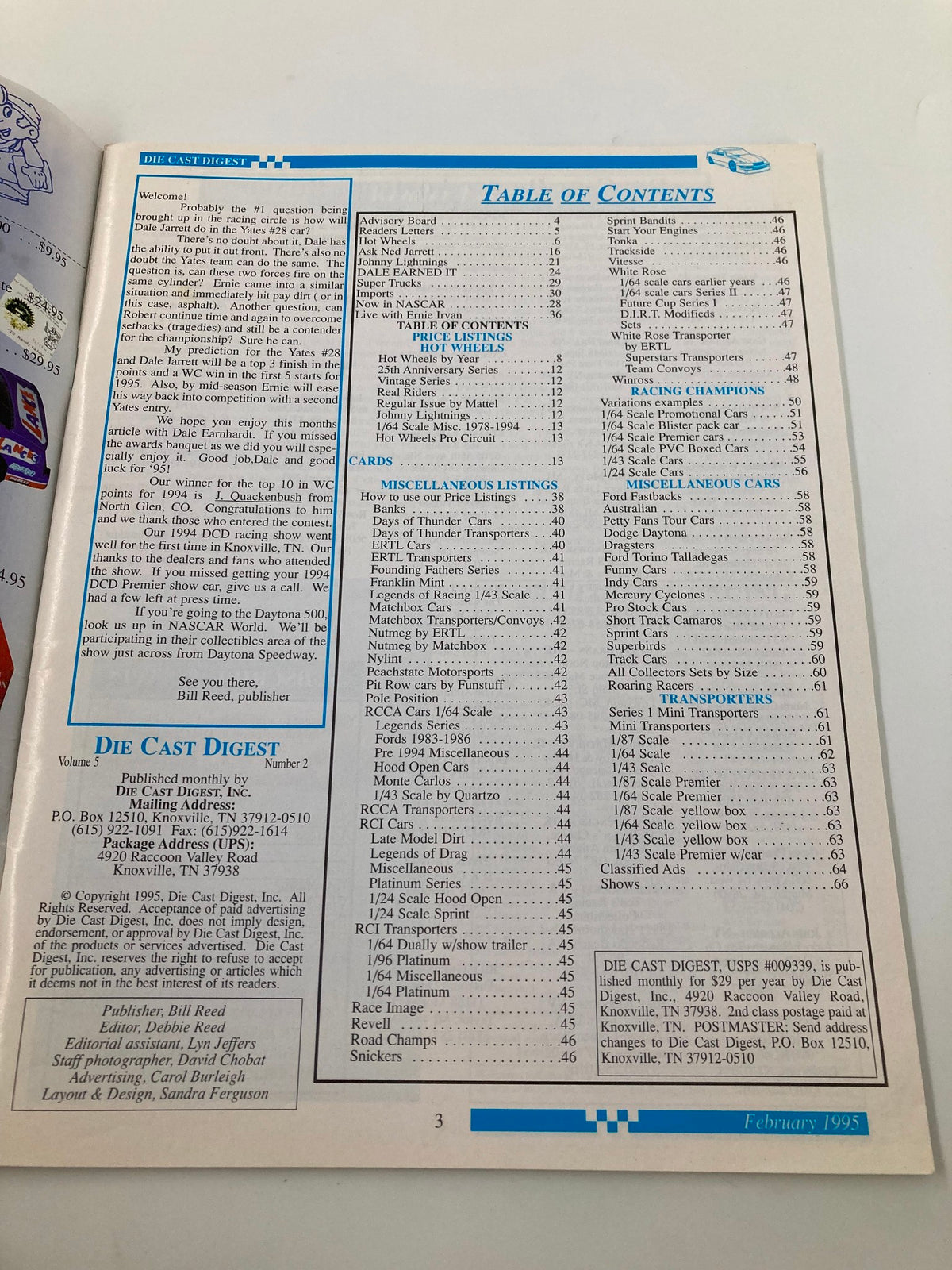 Table of contents from Die Cast Digest Magazine February 5 1995 Vol 5 #2 detailing various articles and topics related to die cast models.