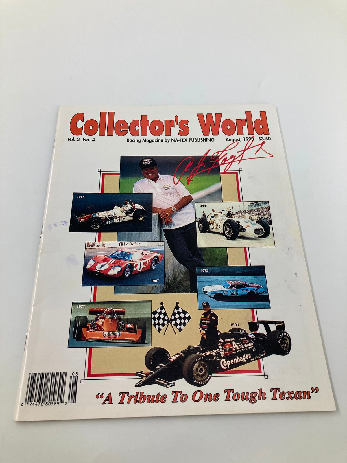 Front view of Collector's World Racing Magazine, August 1993, Vol 3 No 4, highlighting a tribute to AJ Foyt with images of iconic race cars and a signature from AJ Foyt.