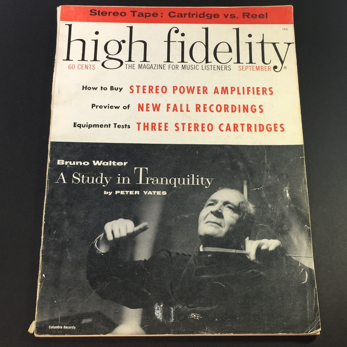 Cover of the September 1959 issue of High Fidelity Music Magazine featuring an article on Bruno Walter by Peter Yates, showcasing topics like stereo power amplifiers and new fall recordings.
