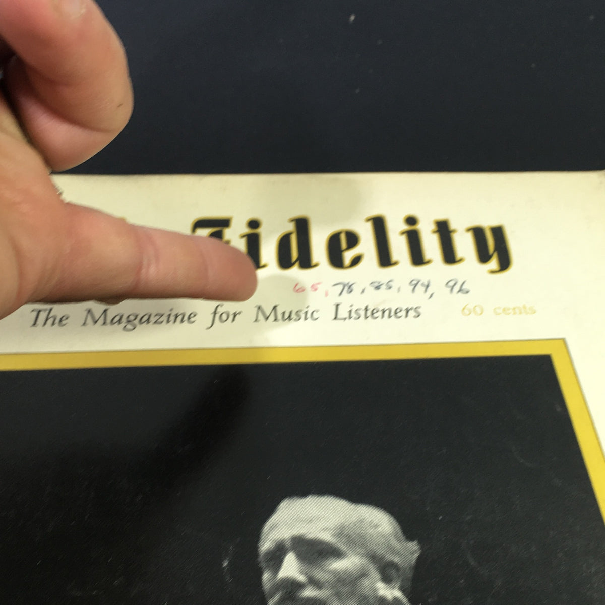 Close-up of the title section of the March 1957 High Fidelity Music Magazine, displaying the phrase 'The Magazine for Music Listeners' and 'Ninety Years of Arturo Toscanini'.
