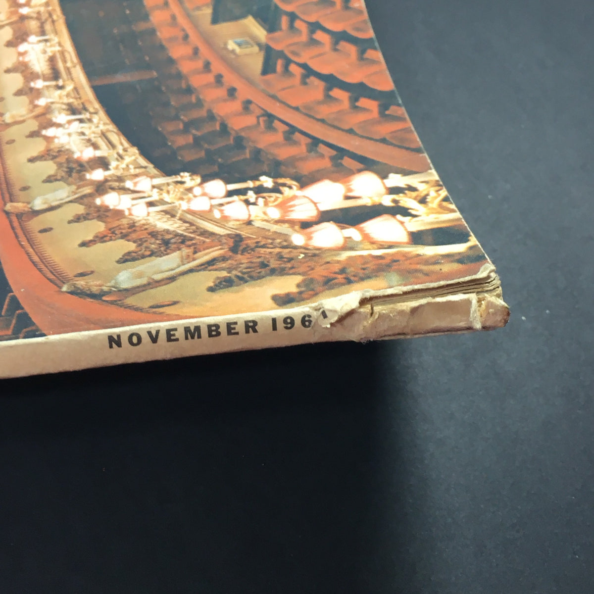 Side view of VTG High Fidelity Music Magazine November 1961 showing the magazine's edge and publication date, highlighting its vintage with emphasis on 'November 1961'.