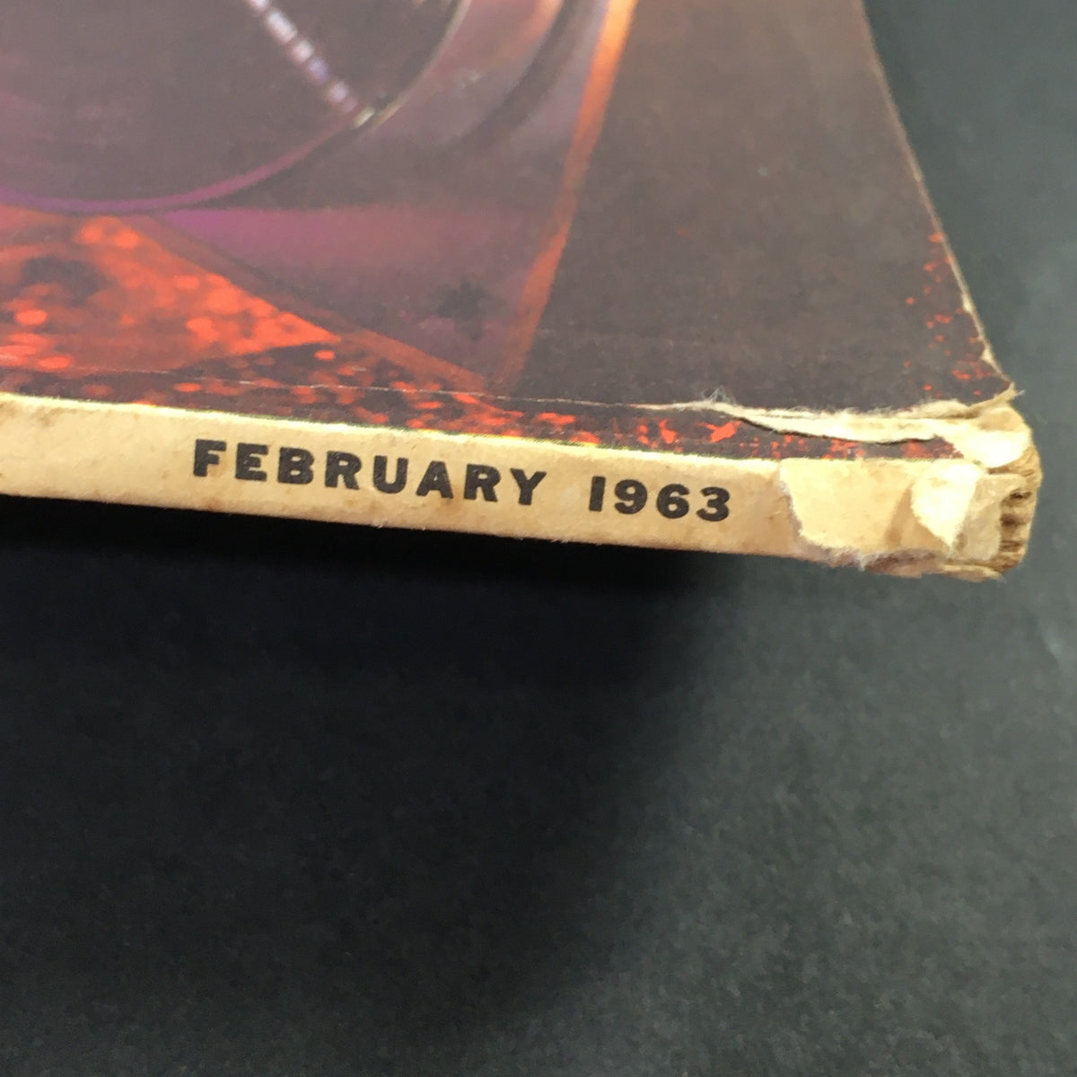 Close-up of the February 1963 issue of VTG High Fidelity Music Magazine, showing the date on the spine. This edition features an exploration of Anton Bruckner's life and works, making it a valuable collectible for music enthusiasts.