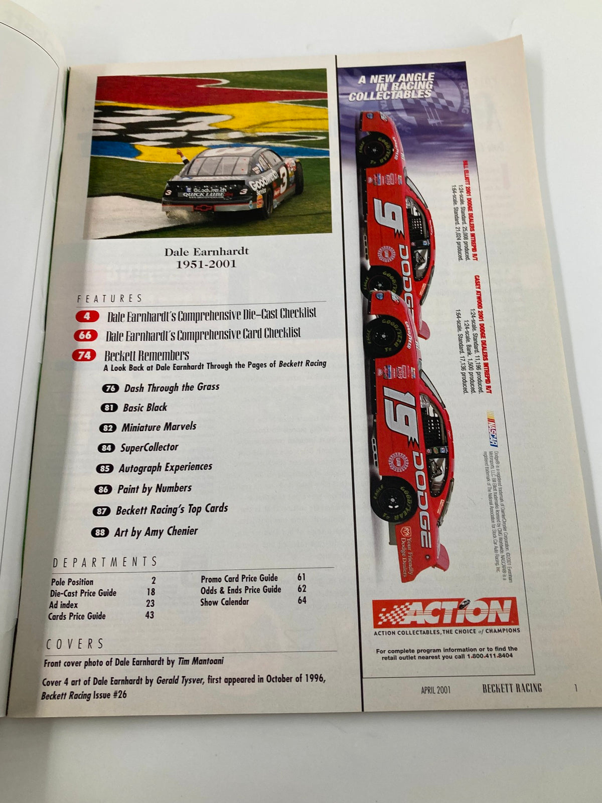 Inside page of Beckett Racing & Motorsports Marketplace April 2001, featuring features on Dale Earnhardt's die-cast checklist and racing collectibles.
