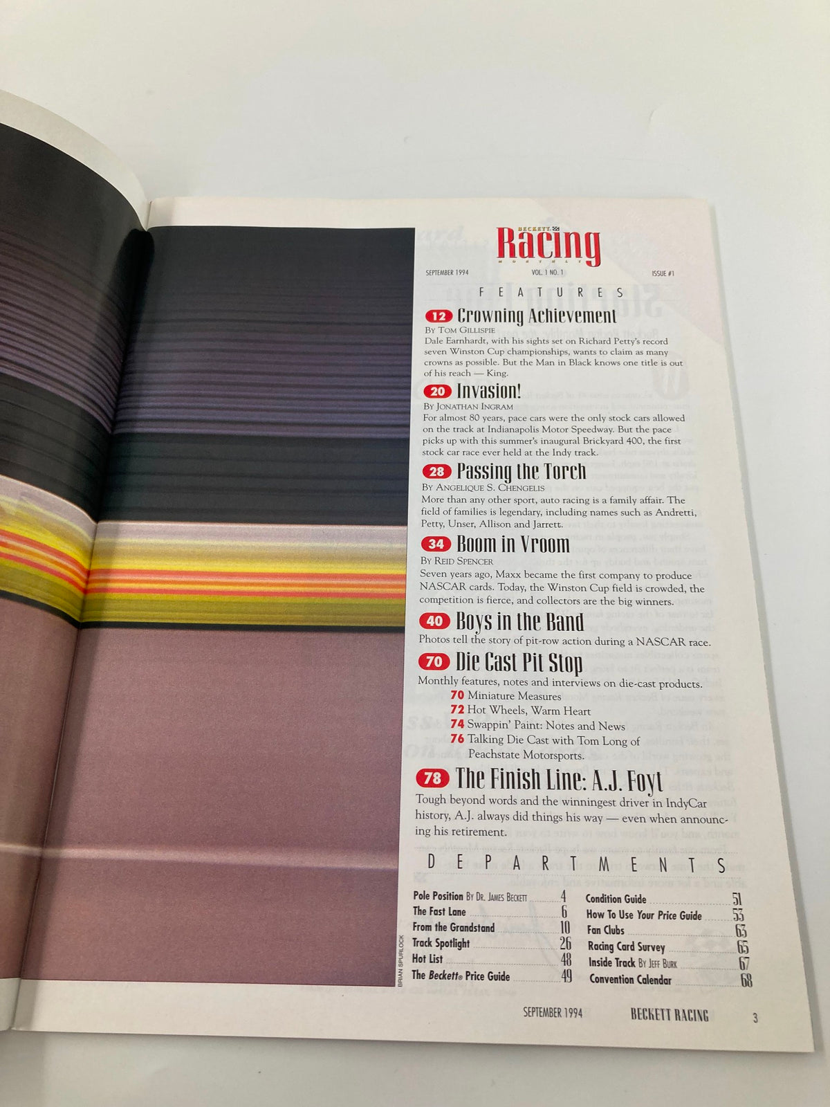 Inside page of Beckett Racing Monthly September 1994 showcasing the features list with articles on NASCAR and racing history.