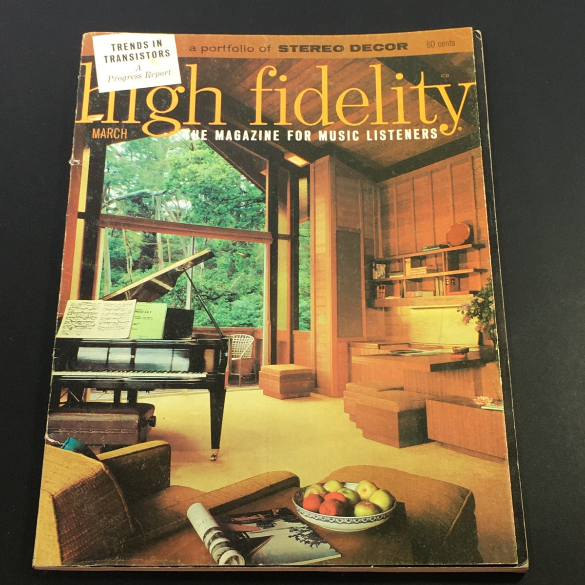 Vintage High Fidelity Music Magazine from March 1966 featuring a beautiful cover design with a grand piano, modern interior decor, and a lush outdoor backdrop, ideal for music enthusiasts and collectors.