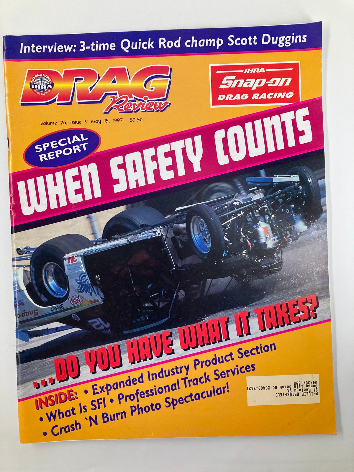 IHRA Drag Review Magazine cover from May 15, 1997 featuring 3-time Quick Rod Champion Scott Duggins with a focus on safety in drag racing.