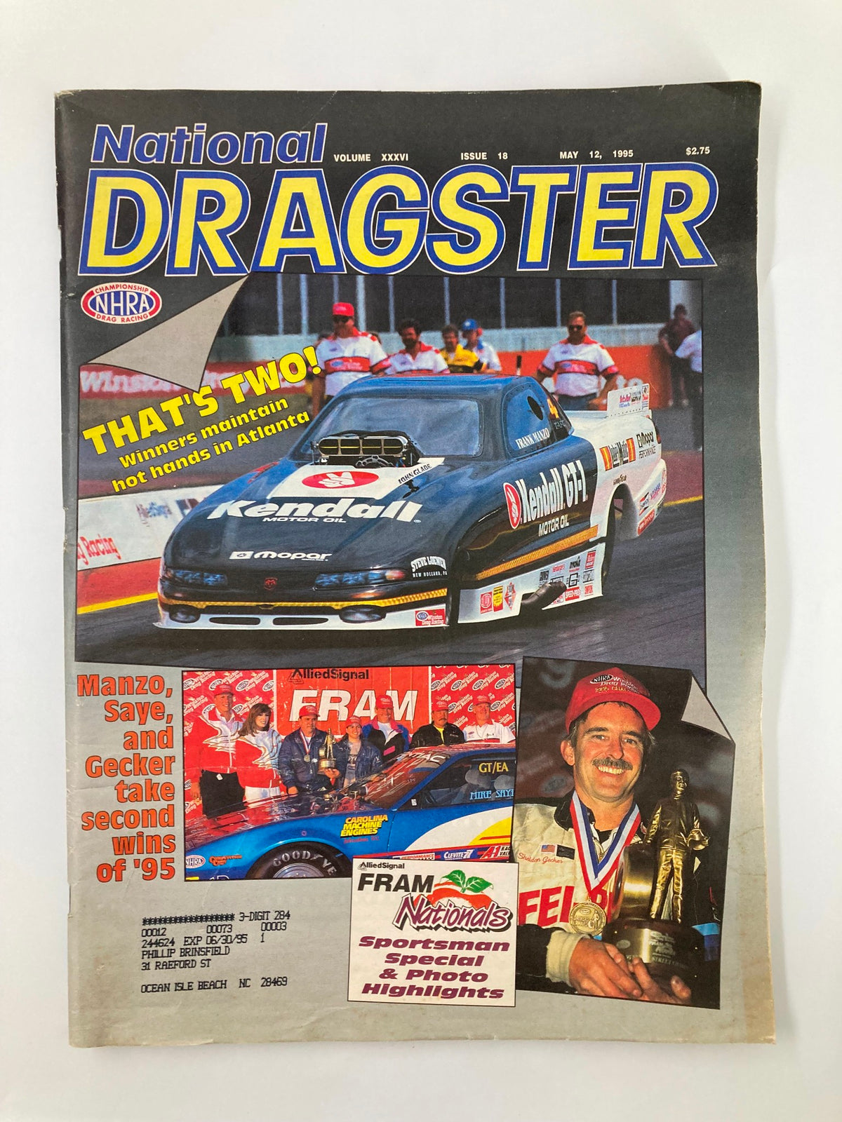 Cover of National Dragster Magazine from May 12, 1995, featuring exciting drag racing highlights with images of winning vehicles and racers like Manzo, Saye, and Gecker.