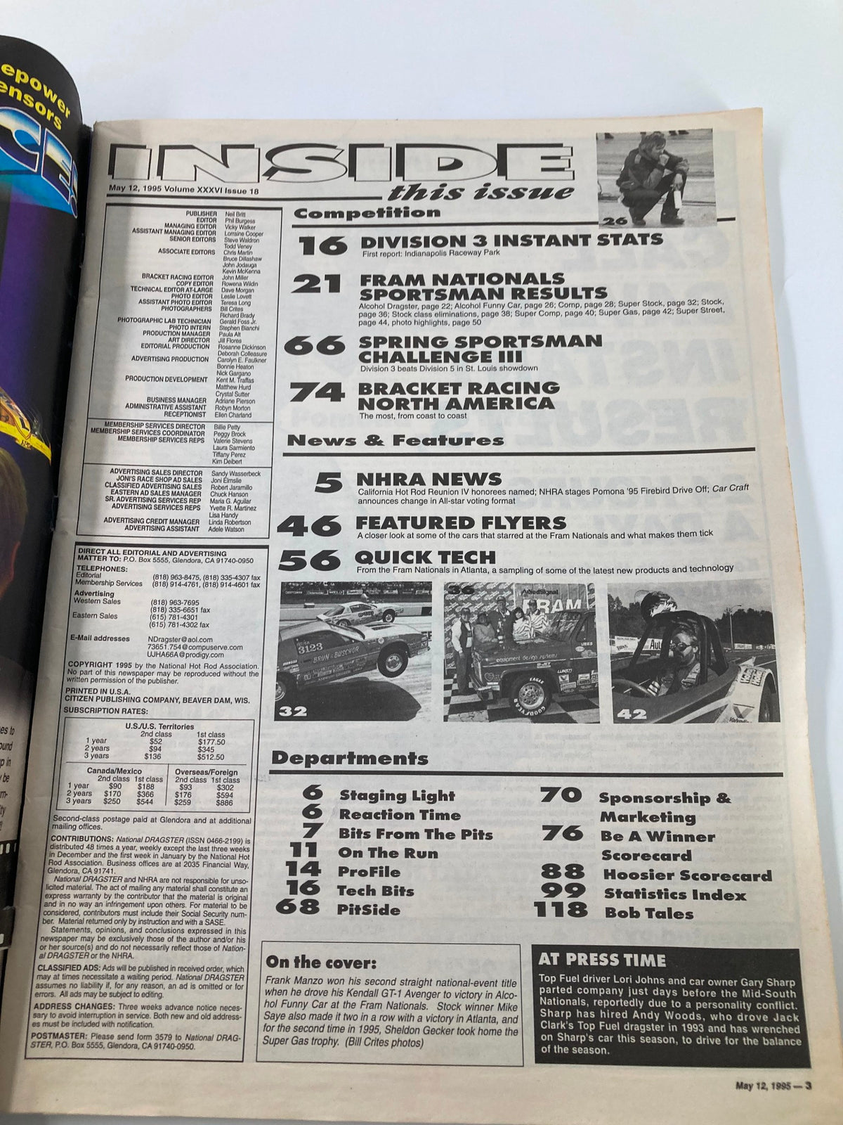 Inside page of National Dragster Magazine, May 12, 1995, outlining contents and features related to drag racing, including results and updates from various events.
